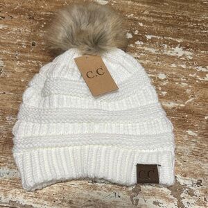 C.C. White Knit Beanie with Faux Fur Pom | NWT | One Size